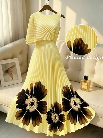 Women's Elegant Round Neck Ruffle Waist Placement Print Dress