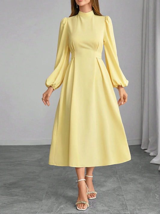Modelyn Women's Elegant Simpli City Solid Color Stand Collar Lantern Sleeve Backless Dress