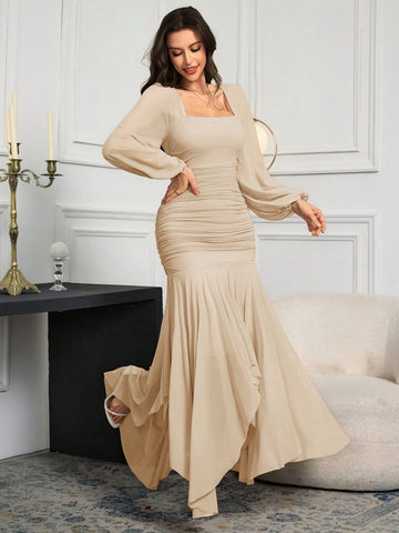 Modelyn Women Long Sleeve Solid Color Long Dress