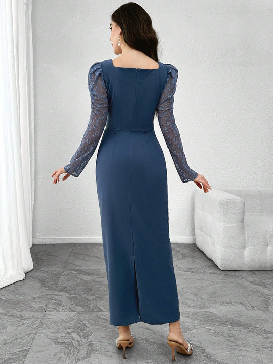 Women's Elegant V-Neck Knit Fabric Ruched Lace Splice Long Sleeve Dress