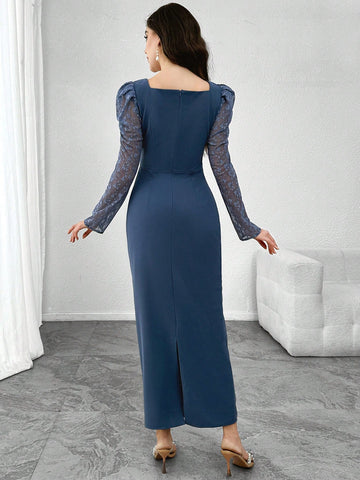 Women's Elegant V-Neck Knit Fabric Ruched Lace Splice Long Sleeve Dress