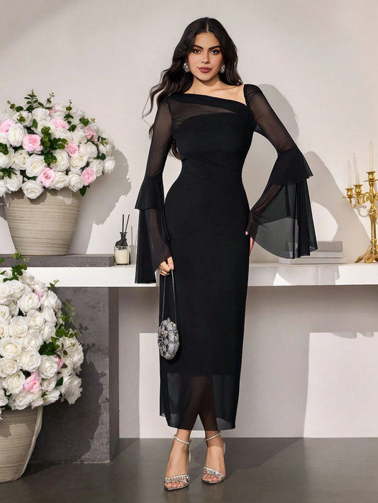 Women's Fashion Elegant Asymmetric Collar Flare Sleeve Fitted Long Dress