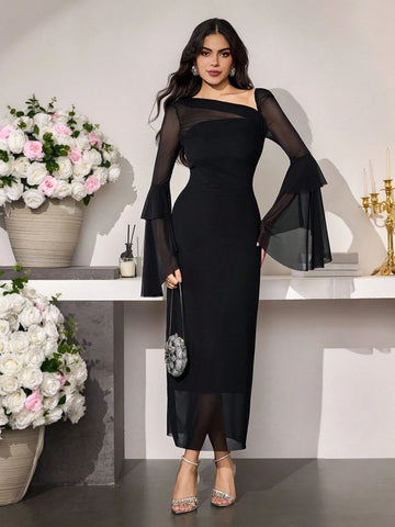 Women's Fashion Elegant Asymmetric Collar Flare Sleeve Fitted Long Dress