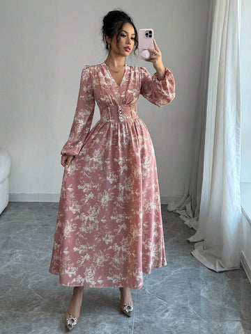 Women's Floral Printed Lantern Sleeve Dress