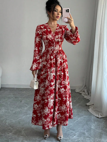 Women's Floral Printed Lantern Sleeve Dress