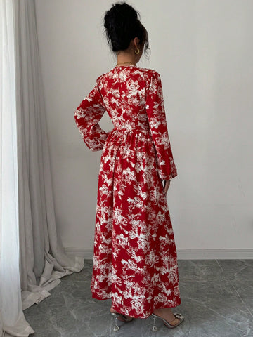 Women's Floral Printed Lantern Sleeve Dress
