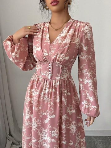 Women's Floral Printed Lantern Sleeve Dress