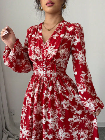 Women's Floral Printed Lantern Sleeve Dress