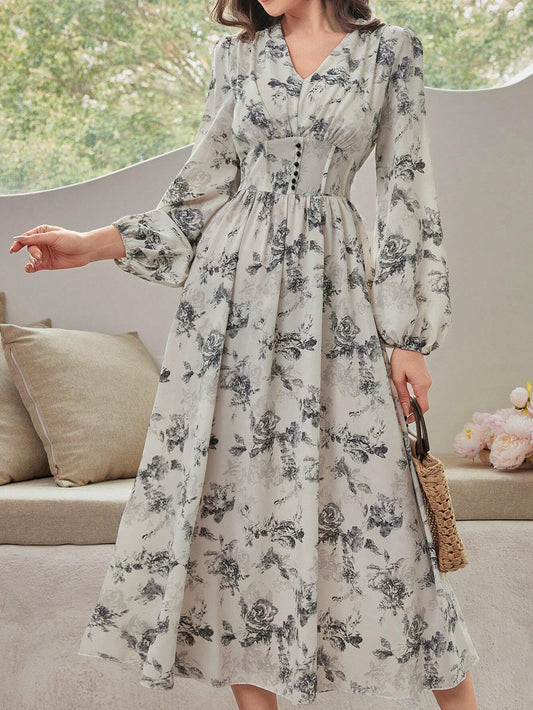 Women's Floral Printed Lantern Sleeve Dress