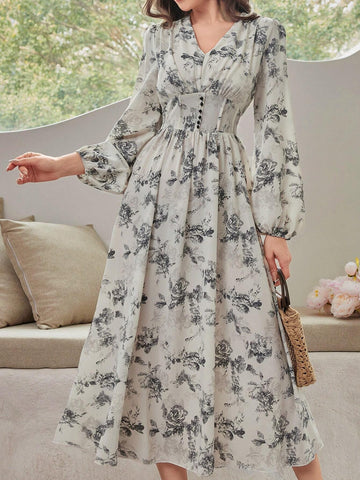 Women's Floral Printed Lantern Sleeve Dress