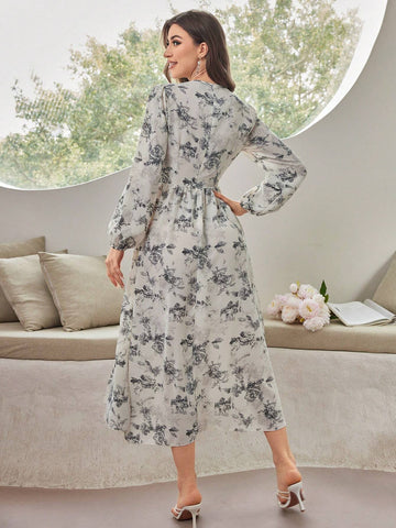 Women's Floral Printed Lantern Sleeve Dress
