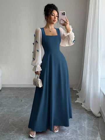 Women Mixed Fabric Bowknot Decor 3D Floral Cinched Waist Woven Dress