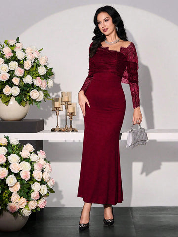 Modelyn Women Asymmetrical Sleeve Lace Patchwork Long Dress
