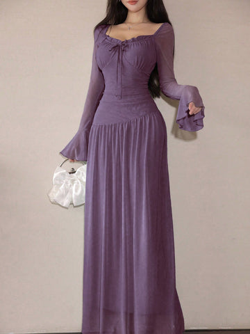 Women's Mesh Lace-Up Flare Sleeve Asymmetrical Ruched Elegant Date Dress