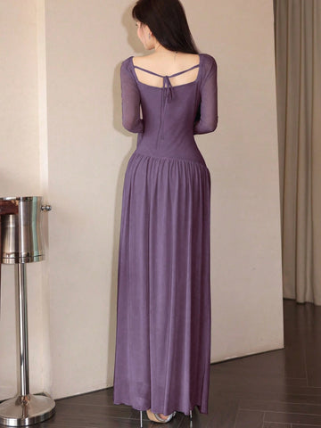 Women's Mesh Lace-Up Flare Sleeve Asymmetrical Ruched Elegant Date Dress