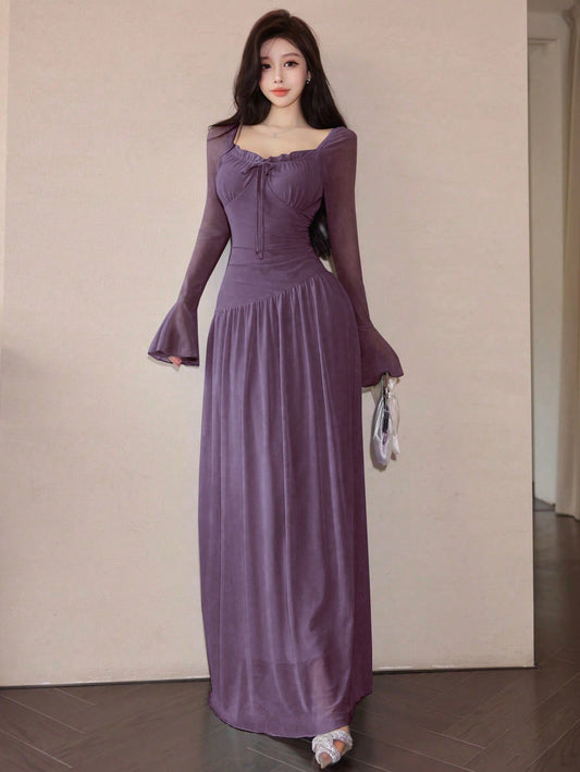 Women's Mesh Lace-Up Flare Sleeve Asymmetrical Ruched Elegant Date Dress