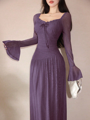 Women's Mesh Lace-Up Flare Sleeve Asymmetrical Ruched Elegant Date Dress