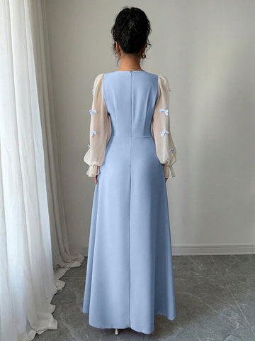 Women Mixed Fabric Bowknot Decor 3D Floral Cinched Waist Woven Dress