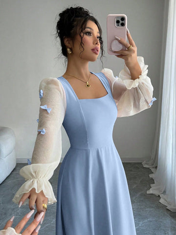 Women Mixed Fabric Bowknot Decor 3D Floral Cinched Waist Woven Dress