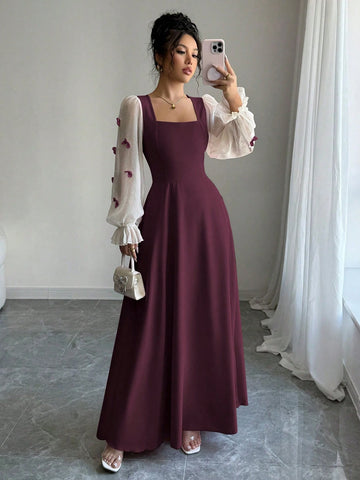 Women Mixed Fabric Bowknot Decor 3D Floral Cinched Waist Woven Dress