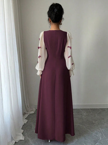 Women Mixed Fabric Bowknot Decor 3D Floral Cinched Waist Woven Dress