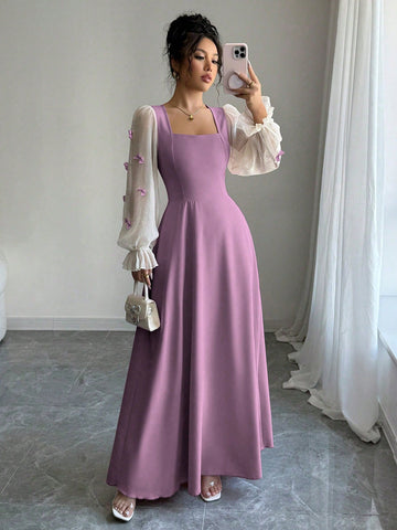 Women Mixed Fabric Bowknot Decor 3D Floral Cinched Waist Woven Dress