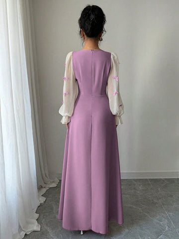 Women Mixed Fabric Bowknot Decor 3D Floral Cinched Waist Woven Dress