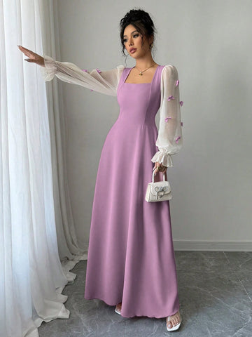 Women Mixed Fabric Bowknot Decor 3D Floral Cinched Waist Woven Dress