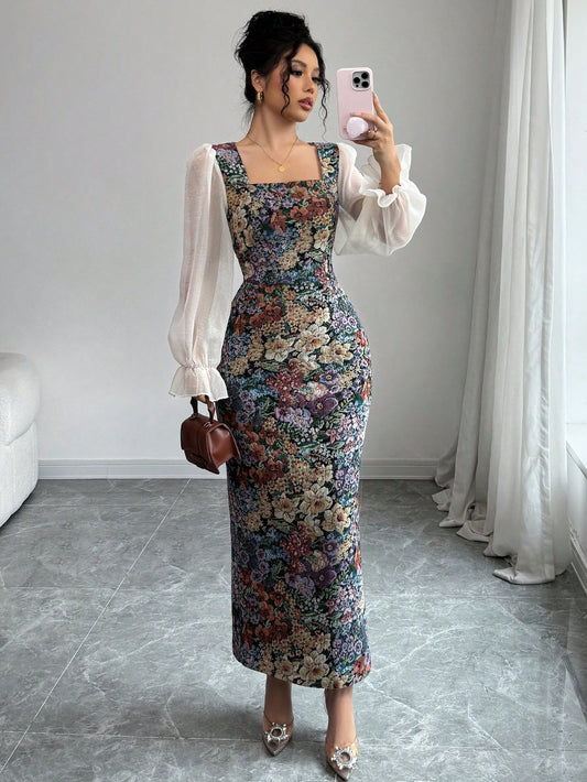 Women's Multi-Color Patchwork Print Chiffon Square Neck Waistline Bodycon Long Sleeve A-Line Dress