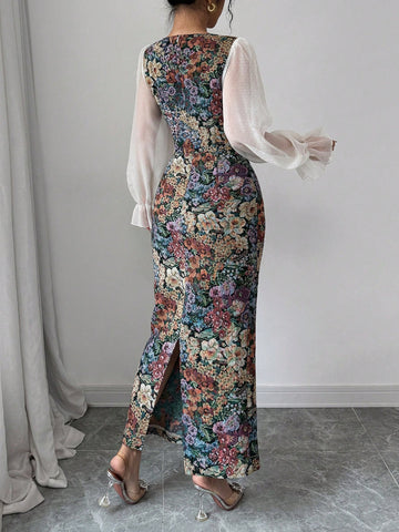 Women's Multi-Color Patchwork Print Chiffon Square Neck Waistline Bodycon Long Sleeve A-Line Dress