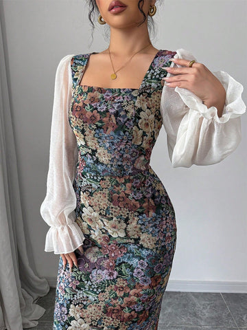 Women's Multi-Color Patchwork Print Chiffon Square Neck Waistline Bodycon Long Sleeve A-Line Dress