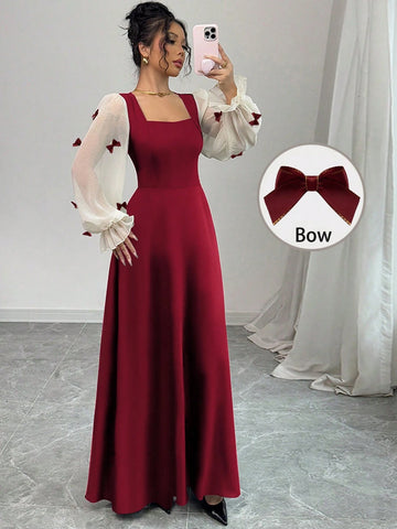 Women Mixed Fabric Bowknot Decor 3D Floral Cinched Waist Woven Dress