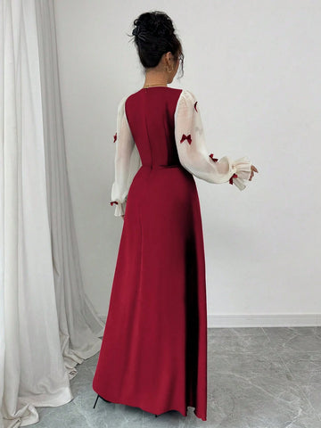 Women Mixed Fabric Bowknot Decor 3D Floral Cinched Waist Woven Dress