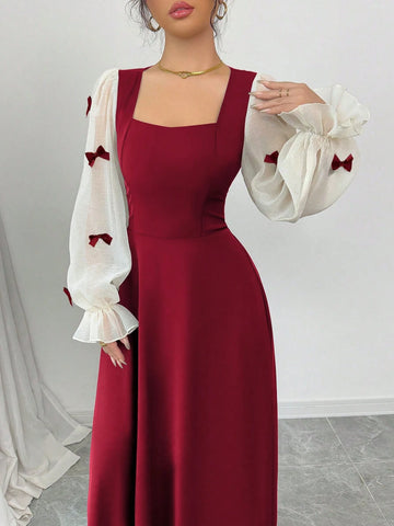 Women Mixed Fabric Bowknot Decor 3D Floral Cinched Waist Woven Dress