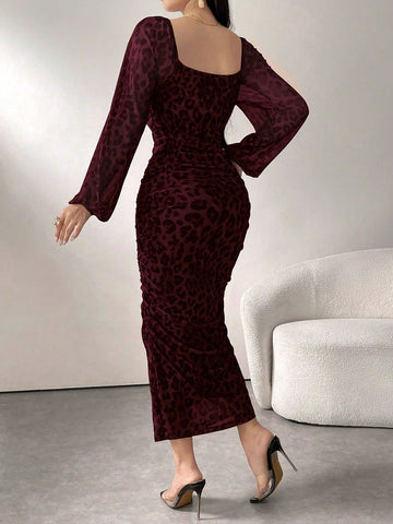 Women's Round Neck Long Sleeve Leopard Print Ruched Elegant Mesh Casual Dress