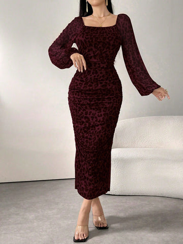 Women's Round Neck Long Sleeve Leopard Print Ruched Elegant Mesh Casual Dress