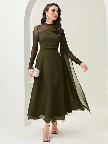 Women's Round Neck Long Sleeve Mesh Contrast Ruffle Maxi Elegant Dress