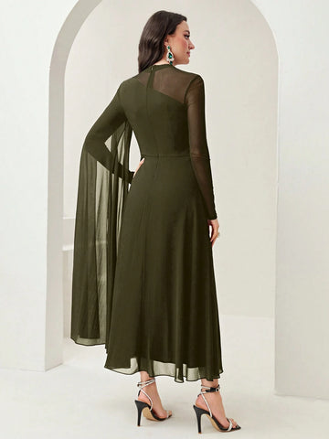 Women's Round Neck Long Sleeve Mesh Contrast Ruffle Maxi Elegant Dress