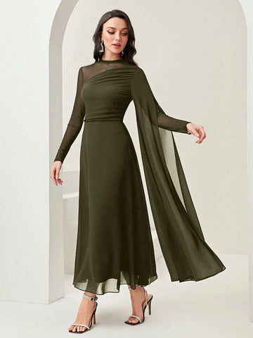 Women's Round Neck Long Sleeve Mesh Contrast Ruffle Maxi Elegant Dress