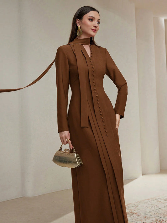 Women's Solid Color Front Button Closure Minimalist Long Sleeve Maxi Abaya Dress