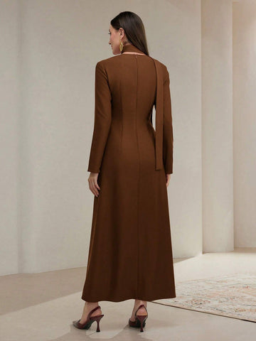 Women's Solid Color Front Button Closure Minimalist Long Sleeve Maxi Abaya Dress