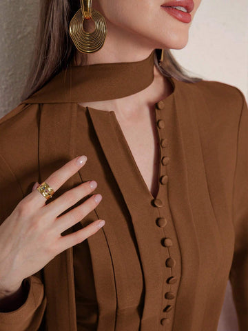 Women's Solid Color Front Button Closure Minimalist Long Sleeve Maxi Abaya Dress