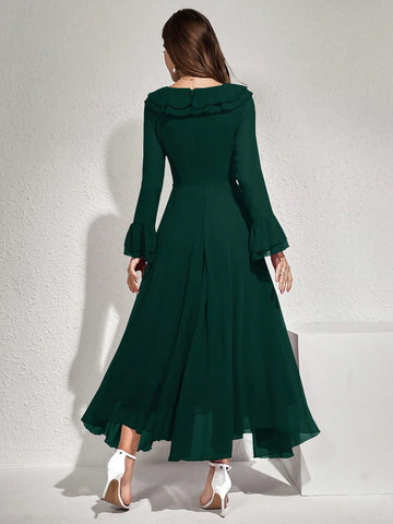 Modelyn Women Elegant Solid Color Flare Sleeve Ruffle Hem Dress