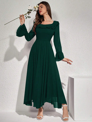 Modelyn Women Elegant Solid Color Flare Sleeve Ruffle Hem Dress