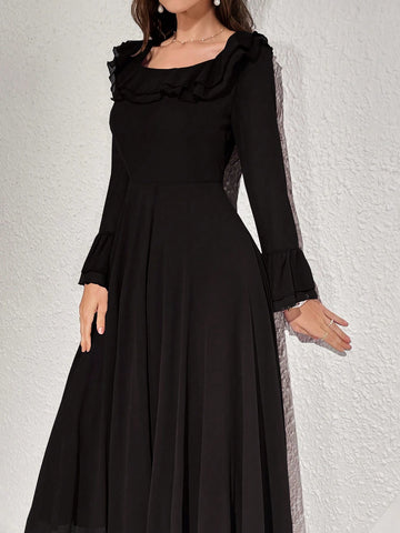 Modelyn Women Elegant Solid Color Flare Sleeve Ruffle Hem Dress