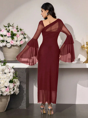 Women's Fashion Elegant Asymmetric Collar Flare Sleeve Fitted Long Dress