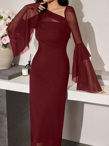 Women's Fashion Elegant Asymmetric Collar Flare Sleeve Fitted Long Dress