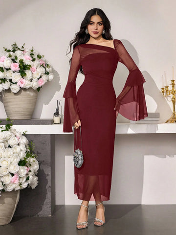 Women's Fashion Elegant Asymmetric Collar Flare Sleeve Fitted Long Dress