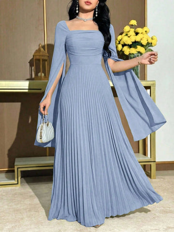 Women's Square Neck Solid Color Pleated Split Long Sleeve Elegant Dress