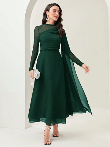 Women's Round Neck Long Sleeve Mesh Contrast Ruffle Maxi Elegant Dress
